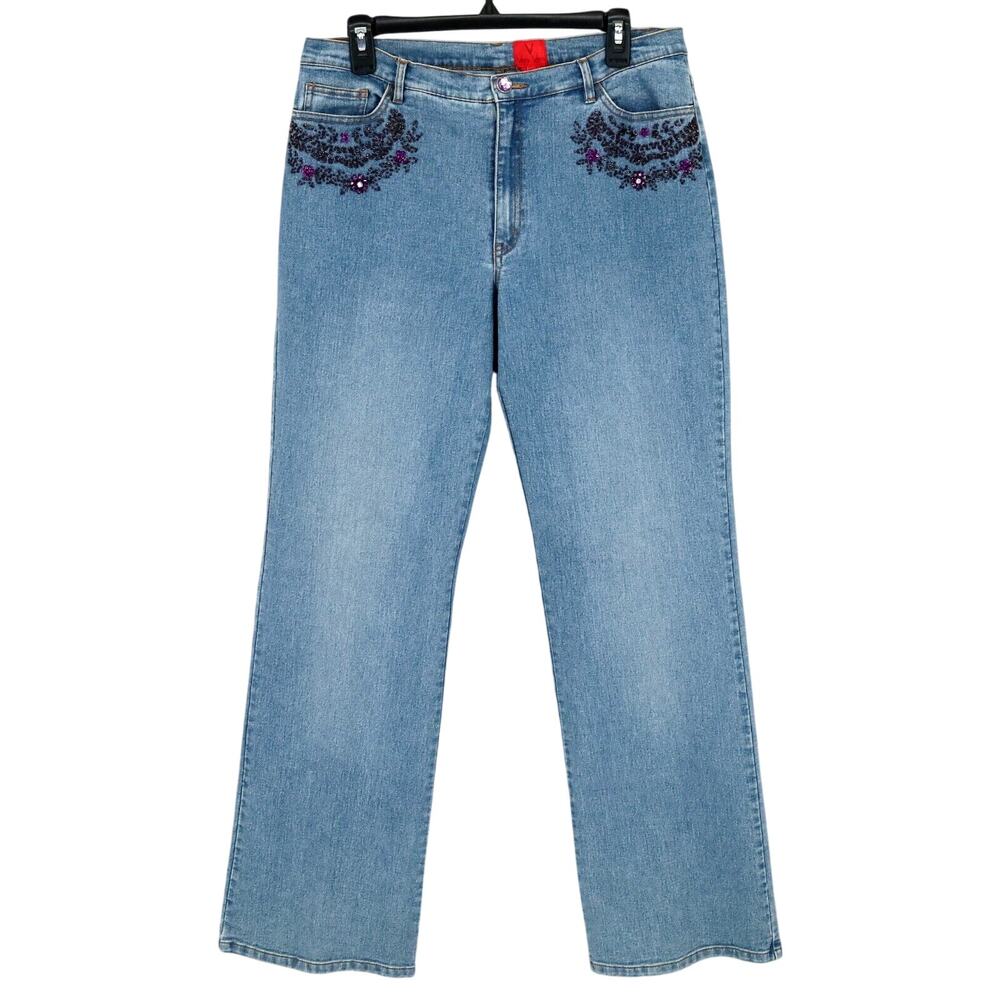 Very Vera Jeans Womens 12 Blue Wide Leg Stretch Denim Purple Beads Vintage